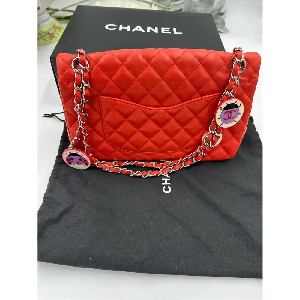Women's Chanel MATELASSE lambskin shoulder Bag ladybug, and strawberry charms.